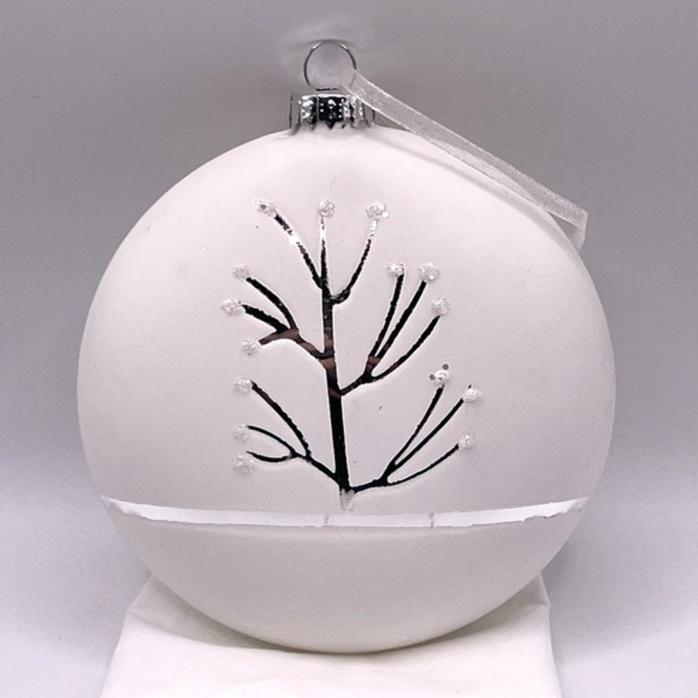 White Glass Silver‎ Tree Winter Scene 4" Disc Shaped Christmas Ornament